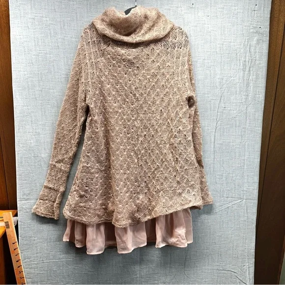 NITT By Flying Tomato Boho Crochet Lace Cowl Neck Tunic Sweater Lined Tan Large - Picture 11 of 11